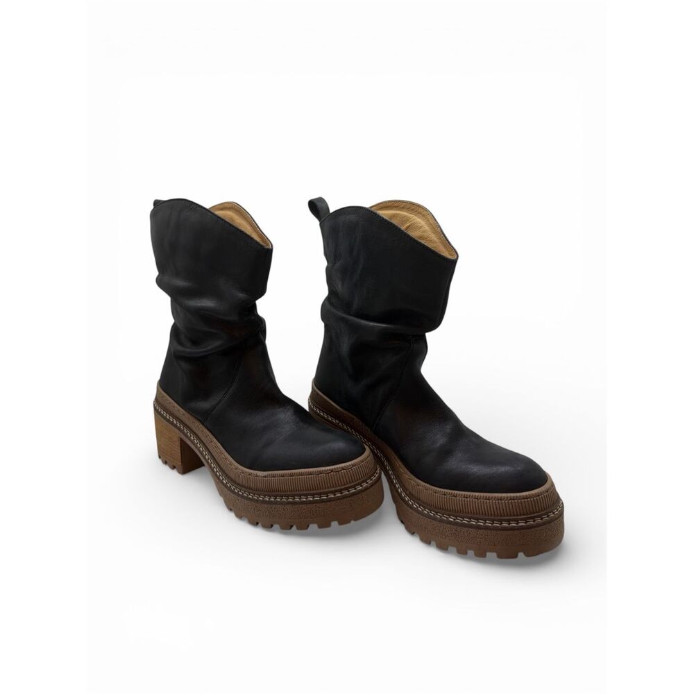 Free People Black Leather Platform Ankle Boots with Brown Lug Sole